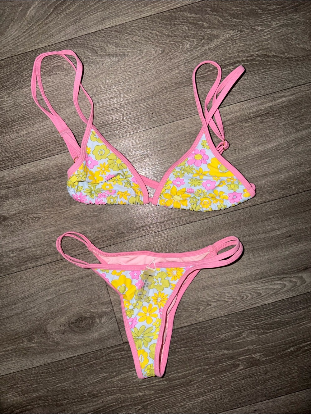Floral Pink Trim Triangle Bikini Set